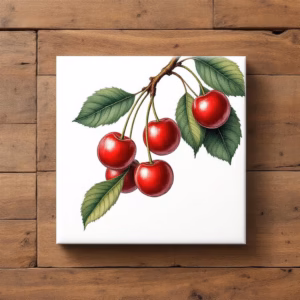 Red Cherry Fruit on Stem Ceramic Wall Tile