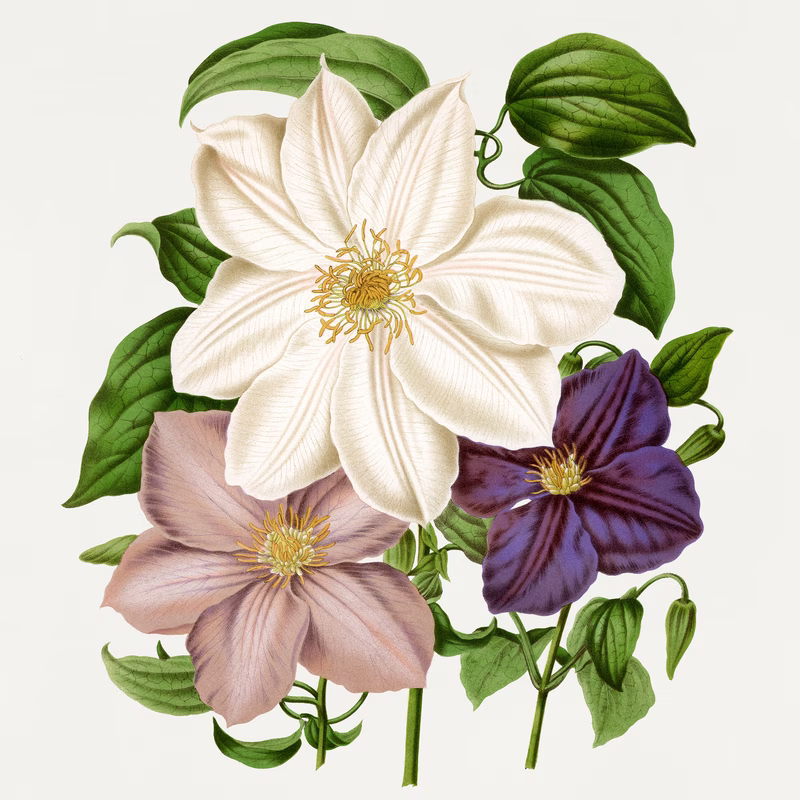 Clematis Hyb. 1.Madame Van Houtte 2.Lady Bovill 3.Jackmani hand-decorated ceramic wall tile